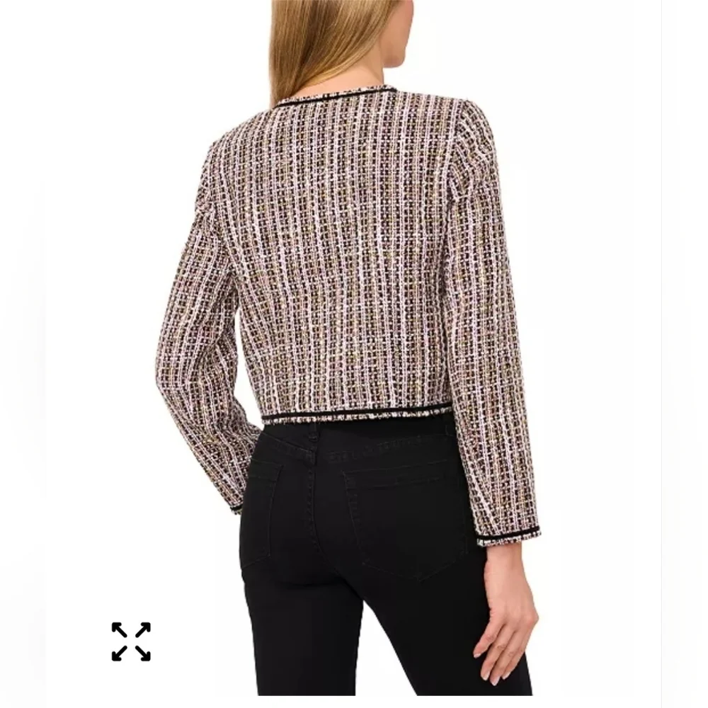 CeCe Collarless Patch Pocket Tweed Jacket - Black, Cream and Pink.